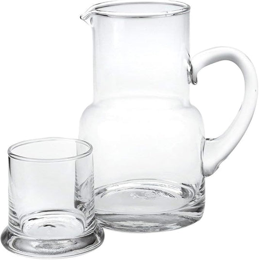 Badash Long Island Crystal Pitcher Set - 2-Piece 24 oz. Mouth-Blown Lead-Free Crystal Glass Carafe with 6 oz. Glass Set - Perfect Bedside or Desktop Water Pitcher