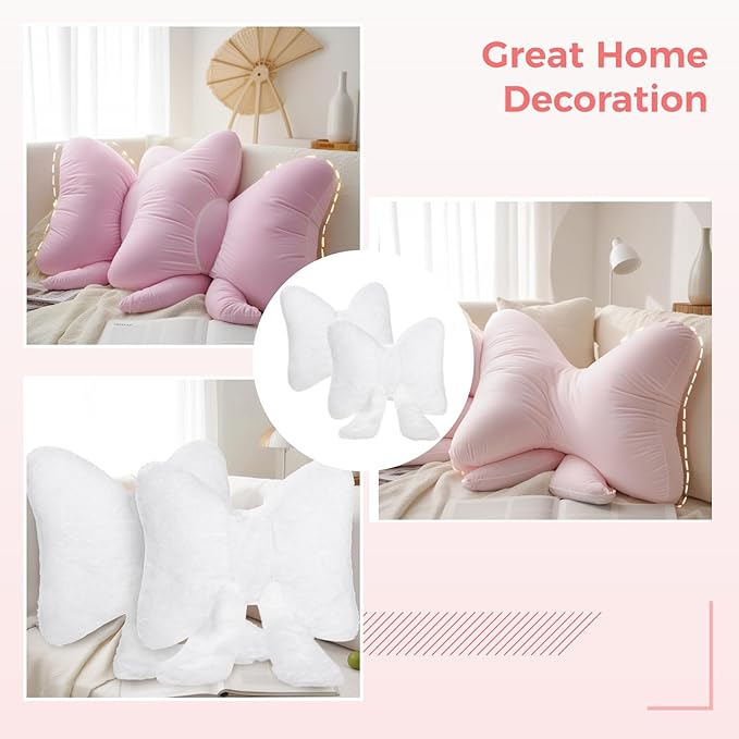 2 PCS Bow Pillow Room Decor, White Bow Pillows, Plush Bow Decor for Bedroom Sofa, Soft Comfortable Accent Pillows, Ideal for Sofa and Office Chair