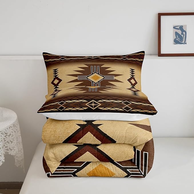 Southwest Comforter Set King Size,Geometric Aztec Tribal Pattern Bedding Set Vintage Striped Western Quilt Set for Kids Girls Boys Adult Room Decor,Rustic Brown Duvet Insert,2 Pillowcases