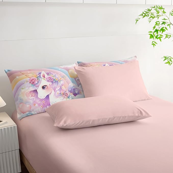 Kawaii Rainbow Unicorn Comforter Set Twin for Girls Kids,Cute Cartoon Unicorn 7 Pieces Bedding Sets for Girls Room Decor,Kawaii Down Alternative Comforter Set for All Season