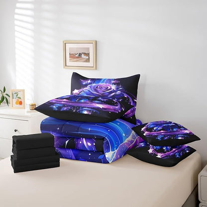 Erosebridal Purple Blue Rose King Bed in a Bag 7 Piece,Romantic Flower Rose Comforter Set with Sheets,Trippy Butterfly Floral Bedding Set Wedding Valentines Day Gifts for Women Girls Girlfriend