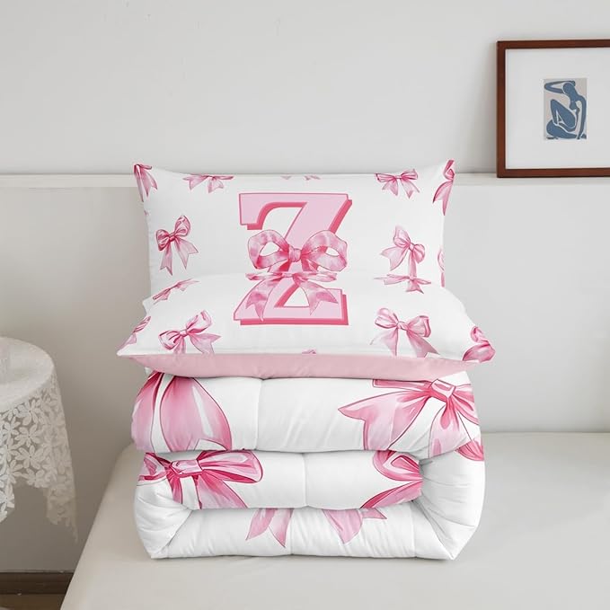Erosebridal Kawaii Letter Z Bowknot Girls Bedding Set Dreamy Princess Style Toddler Comforter Set for Kids Teen Women,Cute Initial Letter Z Bow Bedding Comforter Sets Pink Chic Girly Bed Set