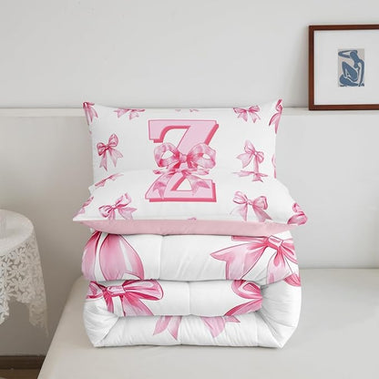 Erosebridal Kawaii Letter Z Bowknot Girls Bedding Set Dreamy Princess Style Queen Comforter Set for Kids Teen Women,Cute Initial Letter Z Bow Bedding Comforter Sets Pink Chic Girly Bed Set