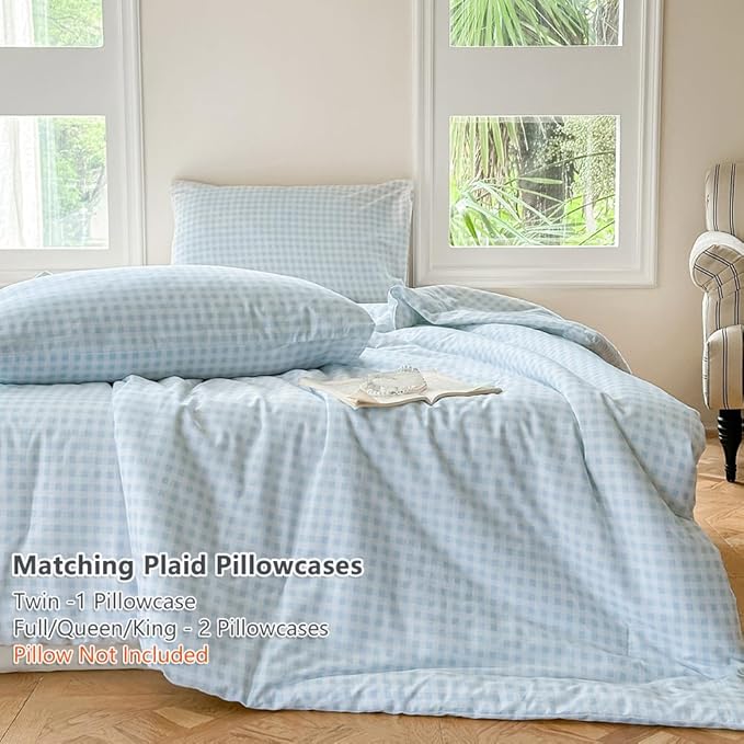 NSNLGSGC Light Blue Gingham Cotton Comforter Set Queen, 100% Washed Cotton Blue Plaid Checked Comforter Bedding, 3 Pieces Vintage Farmhouse Grid Bedding Set(Light Blue Gingham, Queen)