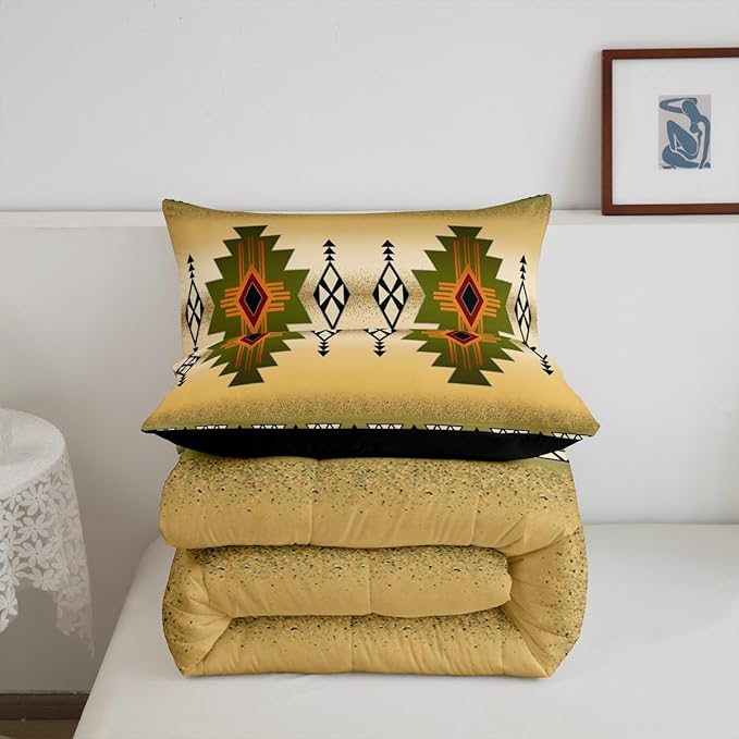 Erosebridal Boys Western Aztec Comforter Set Full Size, Native Tribal Ethnic Bedding Set Farmhouse Boho Geometric Quilt Southwestern Ethnic American Native Duvet Insert for Adult Men,Yellow Green