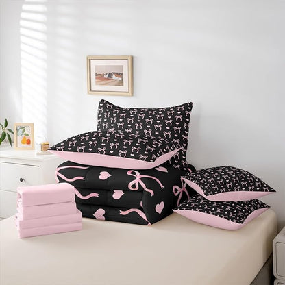 Erosebridal Love Hearts Bowknot Black Pink 7 Piece Bedding Set Twin | Bow Kawaii Cute Dreamy Comforter Set with Sheets Ribbon Girly Kids Bed in A Bag Teens Adults Women Bed Sets