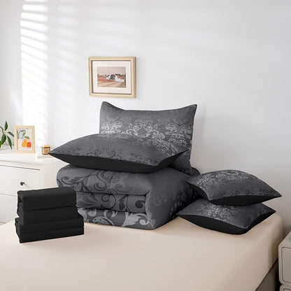 Erosebridal Gothic Damask Comforter Set 7 Piece Bed in a Bag Twin,Butterfly Skull Bedding Sets Silver Gray Victorian Floral Goth Sheet Set with Comforter