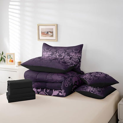 Erosebridal Gothic Damask 7 Piece Comforter Set Full Bed in a Bag,Butterfly Skull Bedding Sets Purple Victorian Floral Goth Sheet Set with Comforter