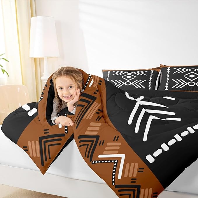 Western Aztec Bedding Set Queen Size, Native American Navajo Comforter Set for Boys Adult Teens, Southwestern Geometric Duvet Insert Ethnic American Native Quilt Rustic Farmhouse Decor, Black Brown