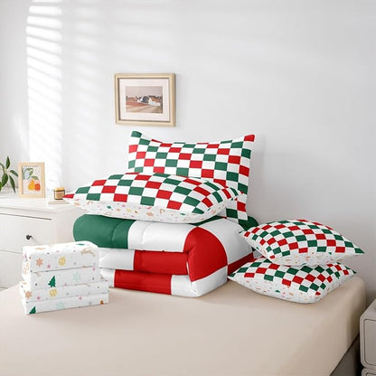 Feelyou Checkered Christmas Comforter Set with Sheets 7 Piece King Size Red Green Plaid Bedding Set for Kids Boys Girls Geometric Vintage Bed in a Bag Modern Simple Groovy Aesthetic Room Decor Soft