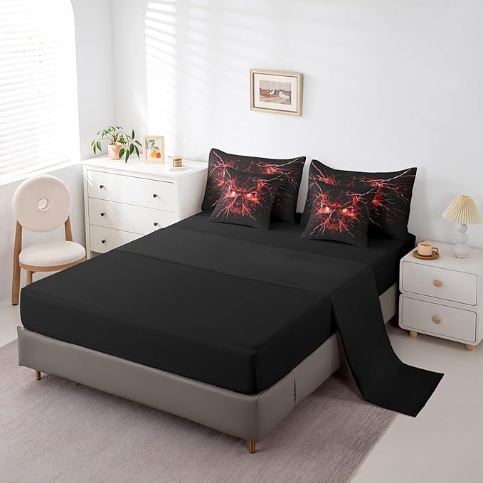 Erosebridal Gothic 7 Piece Comforter Set Full Bed in a Bag,Sugar Skull Bedding Set,Spooky Bone Goth Red Lightning Comforter and Sheet Set,Exotic Halloween Skeleton Decorations