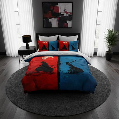 Japanese Anime Comforter Set Queen Size, Red Blue Swordsman Bedding Set forTeens Boys, 3 Pcs Soft Microfiber Quilted Set with 2 Pillowcases, 90"x90"