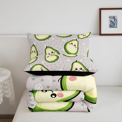 Erosebridal Avocado Comforter Set for Kids Boys Girls Green Yellow Avocado Bedding Set Queen Size Cartoon Avocado Decor Soft Warm Fruits Food Duvet Set Kawaii Cute Down Comforter Ultra Lightweight