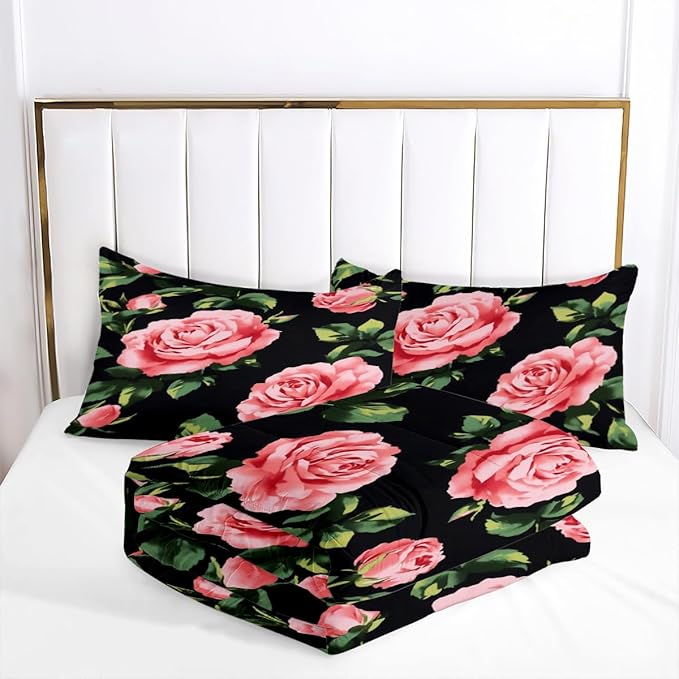 Rose Comforter Set Queen 3 Pieces Pink Rose Floral Bedding Set Black Romantic Soft Microfiber Down Alternative Comforter with 2 Pillowcases