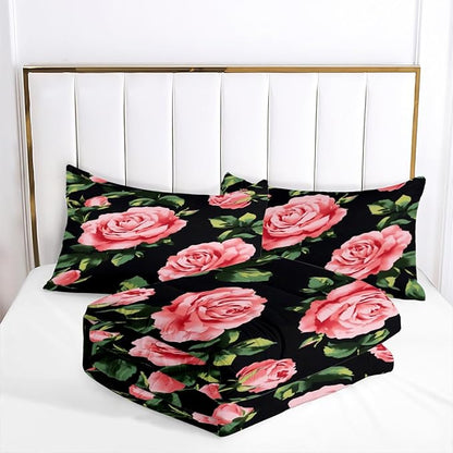 Rose Comforter Set Queen 3 Pieces Pink Rose Floral Bedding Set Black Romantic Soft Microfiber Down Alternative Comforter with 2 Pillowcases