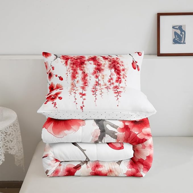 Manfei Red Flower Comforter Set King Size, Watercolor Cherry Blossom Bedding Set 3pcs, Japanese Style Pink Floral Print Down Comforter, Kids Girls Women Room Decor, 2 Pillowcases, No Sheets