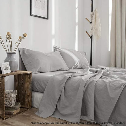 Simple&Opulence Belgian Linen Sheet Set Solid Color - 4 Pieces (1 Flat Sheet, 1 Fitted Sheet & 2 Pillowcases) Natural Flax Cotton Blend Soft Breathable Farmhouse Bedding - Full Size, Grey
