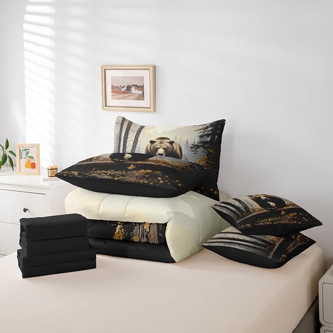 Erosebridal Nature Forest Bear 7- Piece Bedding Set Full Size | Grizzly Brown Bear Comforter Set with Sheets for Kids Teens Adults Woodland Wild Animal Bed in A Bag Country Rustic Farmhouse Bed Sets