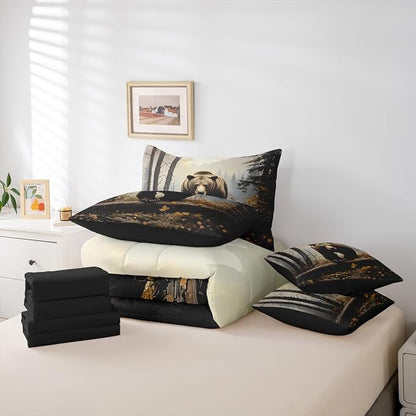 Erosebridal Nature Forest Bear 7- Piece Bedding Set King Size | Grizzly Brown Bear Comforter Set with Sheets for Kids Teens Adults Woodland Wild Animal Bed in A Bag Country Rustic Farmhouse Bed Sets