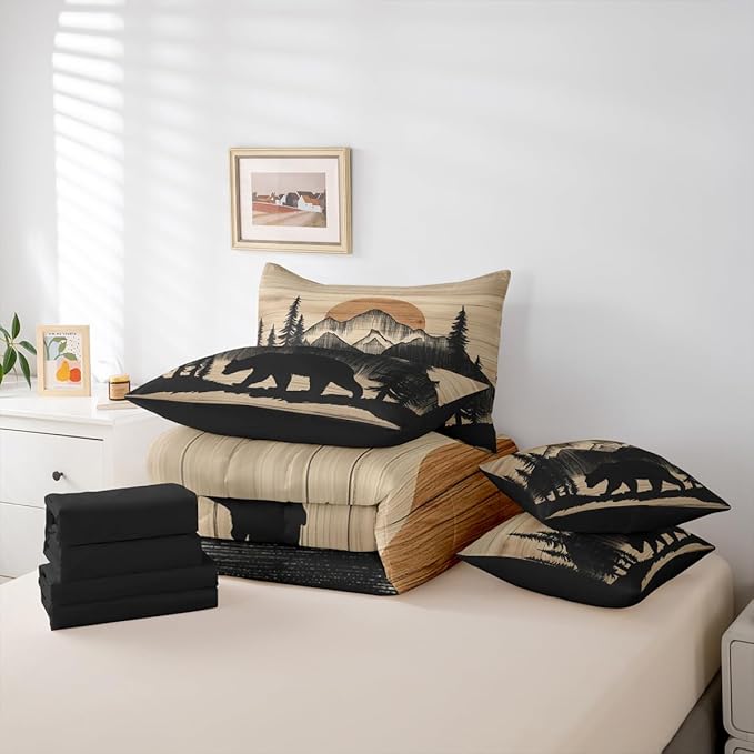 Erosebridal 7 Pieces Bear Bedding Set King Size for Kids Teens Adults - Black Woodland Forest Comforter Set with Sheets Country Bear Hunting Bed in A Bag Mountain Animal Rustic Cabin Lodge Bed Sets