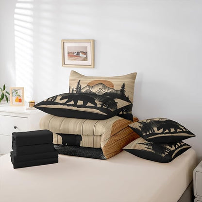 Erosebridal 7 Pieces Bear Bedding Set Twin Size for Kids Teens Adults - Black Woodland Forest Comforter Set with Sheets Country Bear Hunting Bed in A Bag Mountain Animal Rustic Cabin Lodge Bed Sets