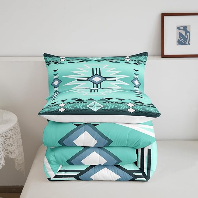 Bright Green Aztec Tribal Arrow Comforter Set Queen Size,Southwest Quilt Set Rustic Western Striped Bedding Set for Kids Girls Boys Adult Room Decor,Vintage Cowboy Duvet Insert,2 Pillowcases