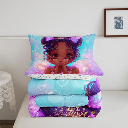 Manfei Cute Black Princess Comforter Set King Size, Little Girl with Wings Bedding Set American Stlye, Kids Room Decor, Blue Purple Galaxy Down Comforter, Reversible Quilt Set,2 Pillowcases