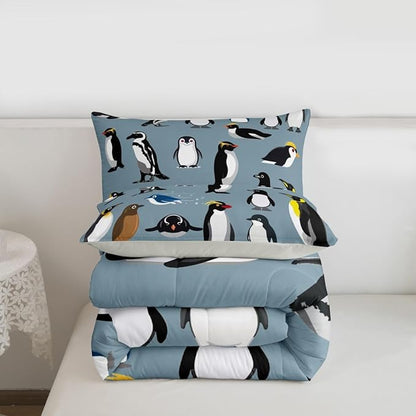 Erosebridal Penguins Bedding Set for Boys Young,Antarctica Animals Wildlife Comforter Set for Kids Man,Cartoon Little Penguins Quilted Duvet,Cute Wild Safari Theme Bedroom Decor Twin Size