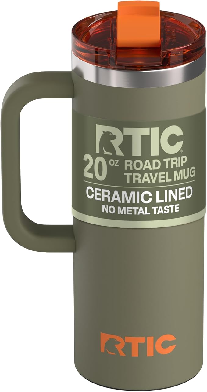 RTIC 20oz Road Trip Travel Mug with Lid and Handle, Ceramic Lined, Insulated, Stainless Steel, Metal, Double Wall Vacuum-Insulation, Portable Coffee, Tea Cup for Hot and Cold Drink, Trailblazer