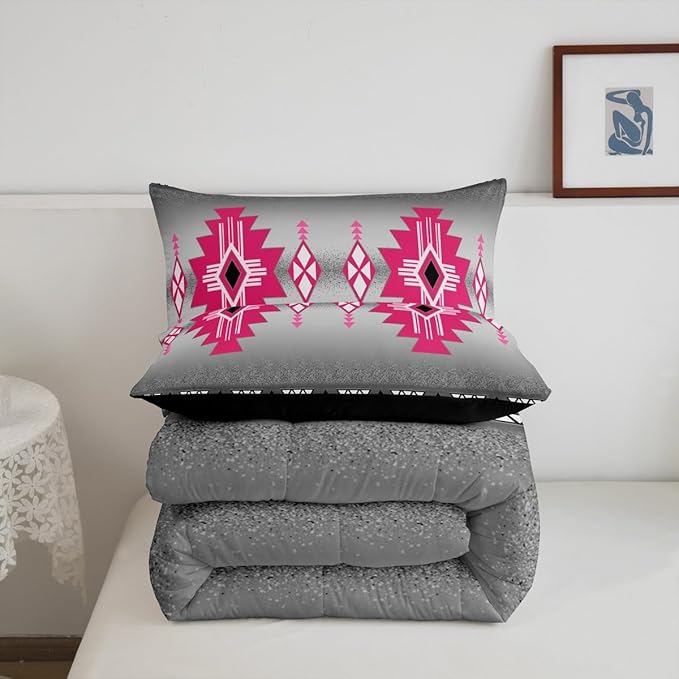 Erosebridal Rustic Western Twin Comforter Set, Southwestern Aztec Bedding Set for Boys Teens Men Bedroom, Exotic American Native Bedding Comforter Sets Vintage Bohemian Geometric Quilt, Pink Grey