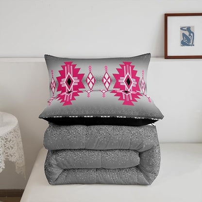 Erosebridal Rustic Western Twin Comforter Set, Southwestern Aztec Bedding Set for Boys Teens Men Bedroom, Exotic American Native Bedding Comforter Sets Vintage Bohemian Geometric Quilt, Pink Grey