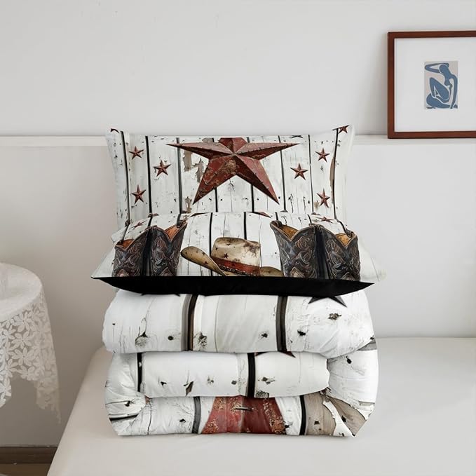 Erosebridal Western Texas Star Comforter Set, Rustic Farmhouse Bedding Set Toddler Size, Retro Cowboy Horseshoe Quilt for Kids Teens Adult Men Bedroom, Country Wooden Door Bedding Comforter Sets