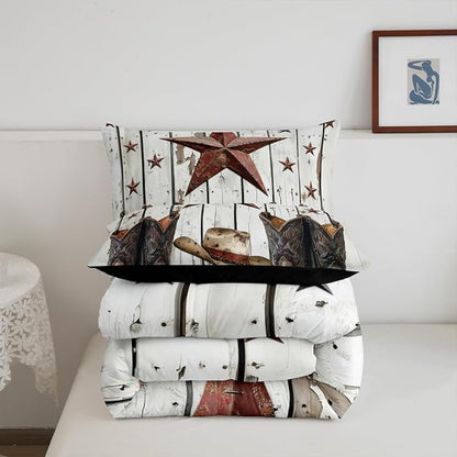Erosebridal Western Texas Star Comforter Set, Rustic Farmhouse Bedding Set Toddler Size, Retro Cowboy Horseshoe Quilt for Kids Teens Adult Men Bedroom, Country Wooden Door Bedding Comforter Sets