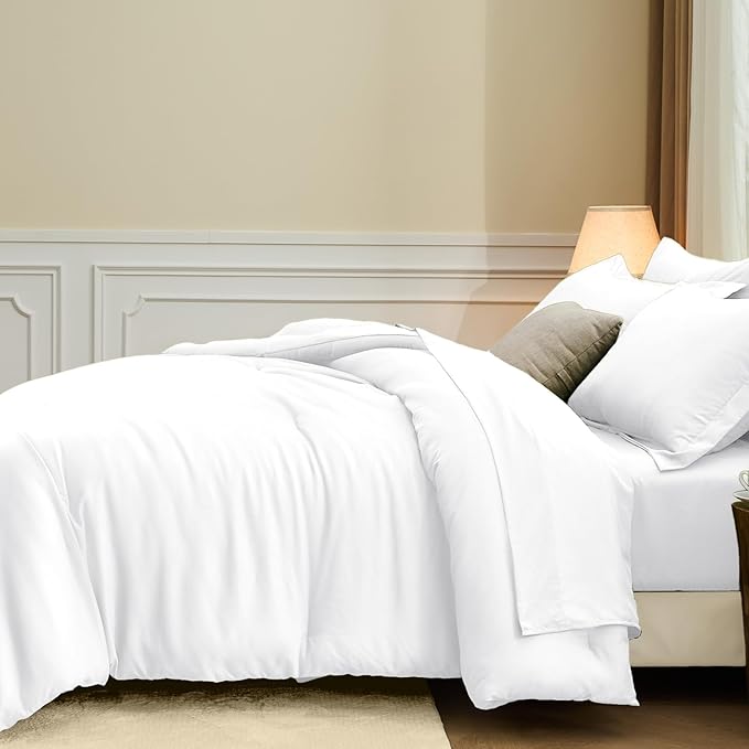 FUANNA King Size Comforter Sets White, 7 Pieces Soft Bedding Set, All Season Lightweight Bed in a Bag with Comforter, Flat Sheet, Fitted Sheet, Pillowcases & Shams