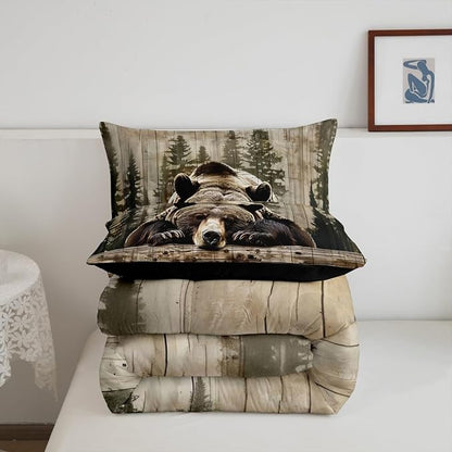 Feelyou Grizzly Bear Comforter Set King Size, Wild Animal Hunting Quilt Set with 2 Pillowcases, Western Cabin Bedding Set 3pcs for Kids Boys Teens Room Decor, Rustic Country Farmhouse Duvet Insert