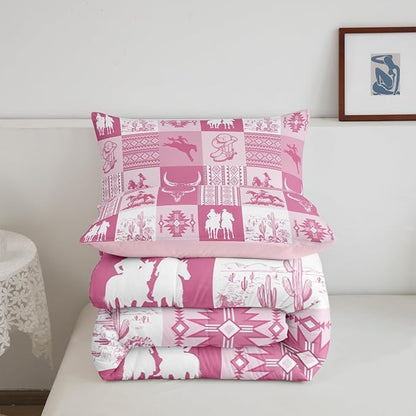 Western Comforter Set Twin Size,Pink Cowboy Cowgirl Bedding Sets for Kids Girls Boys Women Room Decor,Bull Skull Aztec Tribal Pattern Quilt Set Pink Striped Patchwork Gird Duvet Insert 2Pcs