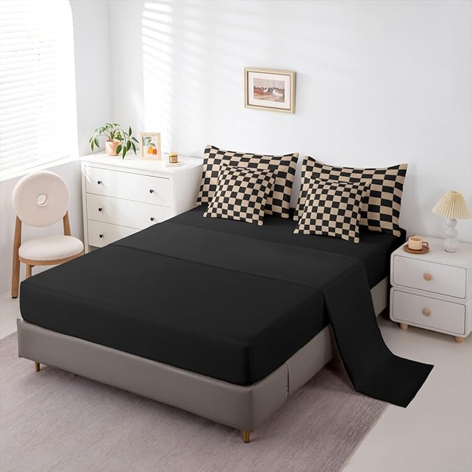 Checkered Retro Comforter Set With Sheets 7 Piece Queen Size Brown Plaid Bed in a Bag Kids Boys Girls Geometric Vintage Bedding Set Modern Simple Groovy Aesthetic Bedroom Decor Breathable Soft