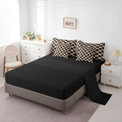 Feelyou Checkered Retro Comforter Set with Sheets 7 Piece King Size Brown Plaid Bed in a Bag Kids Boys Girls Geometric Vintage Bedding Set Modern Simple Groovy Aesthetic Bedroom Decor Breathable Soft