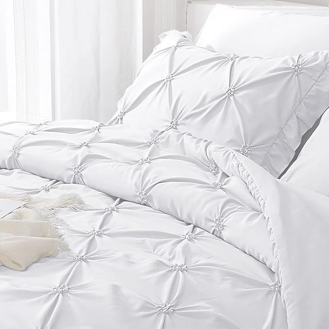 JOLLYVOGUE Queen Comforter Set 7 Pieces, White Bed in a Bag Comforter Set for Bedroom, Bedding Comforter Sets with Comforter, Sheets,Ruffled Shams & Pillowcases