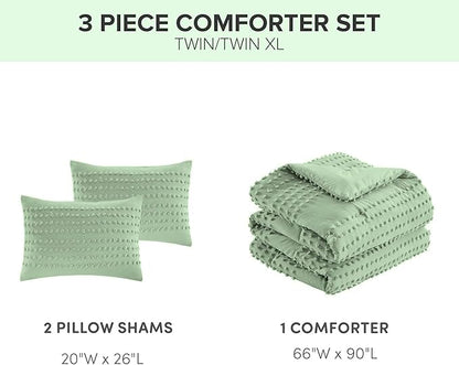 Comfort Spaces Twin Comforter Set Jacquard Pom-Pom Tufts Boho Comforter for Twin Size Bed, MIcrofiber Reverse, All Season & Lofty Twin Bedding Set & Sham, Phillips, Twin/Twin XL, Sage Green 2 Piece