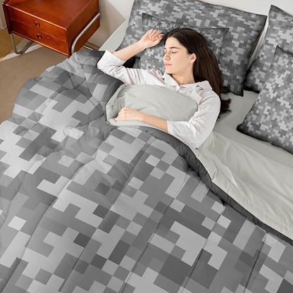Castle Fairy Grey Pixel Grid 7 Piece Comforter & Sheet Sets Full Size,Miner Video Games Bedding Set Abstract Camouflage Bed in a Bag Grid Flat & Fitted Sheets,4 Pillow Covers