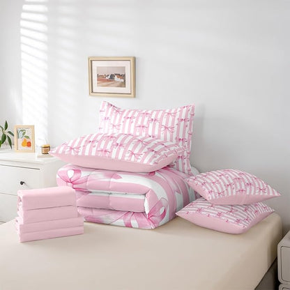 Erosebridal Pink Bow Stripe Bowknot Girls King 7-Piece Comforter Set | Ribbon Cute Kawaii Sheets and Pillowcases Dreamy White Bed in A Bag Kids Teens Women Bed Sets