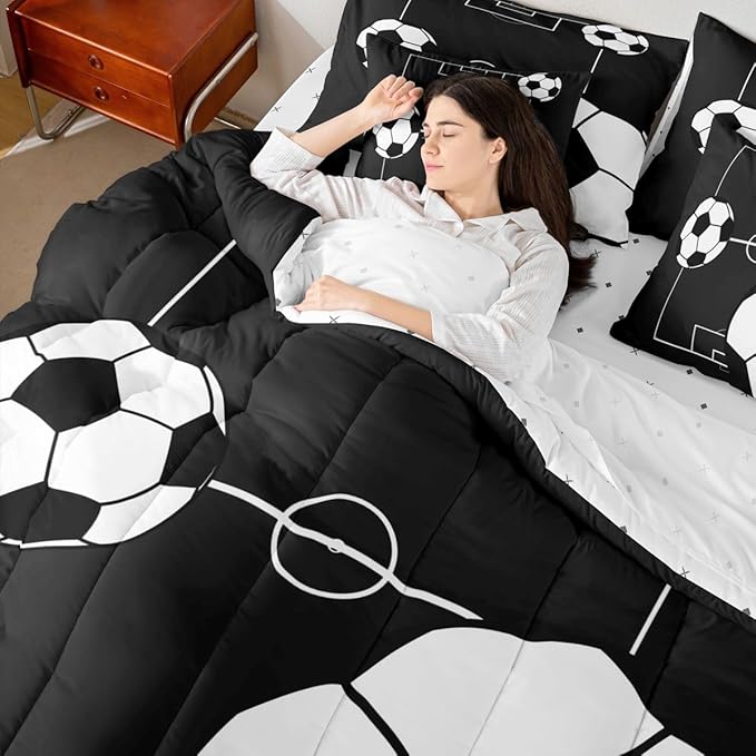 Erosebridal Soccer Ball 7 Piece Bedding Set Queen Boys Sports Comforter Set with Sheets Football Playground Pattern Bed in a Bag Black White Football Court for Kids Boys Girls