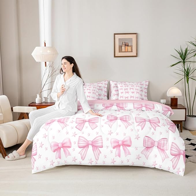 Erosebridal Starry Cute Pink Bowknot Girls King 7-Piece Comforter Set | Bow Girly Stripe Kawaii Sheets and Pillowcases Plaid Checkered Bed in A Bag White Ribbon Kids Women Bed Sets