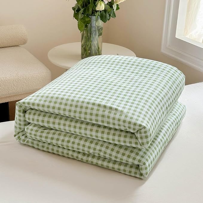 NSNLGSGC Sage Green Gingham Cotton Comforter Set Twin, 100% Washed Cotton Green Plaid Checked Comforter Bedding, 2 Pieces Vintage Farmhouse Grid Bedding Set(Sage Green Gingham, Twin)