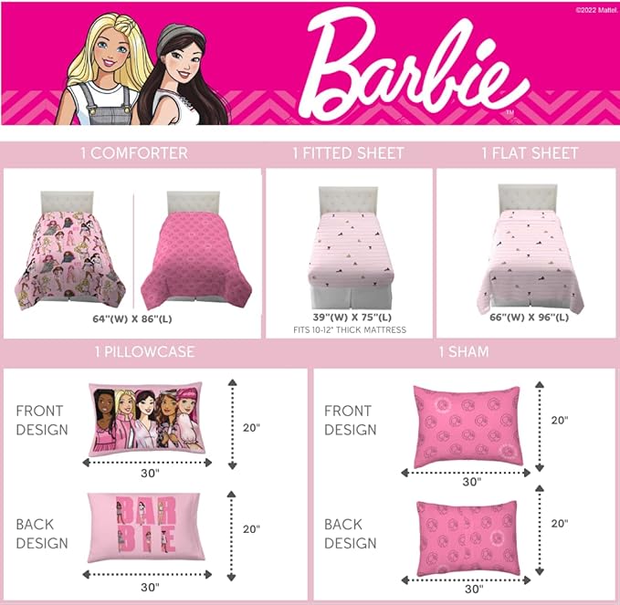 Franco Barbie Barbiecore Bedding Super Soft Comforter and Sheet Set with Sham, 5 Piece Twin Size, College Dorm Essentials (Official Licensed Product)