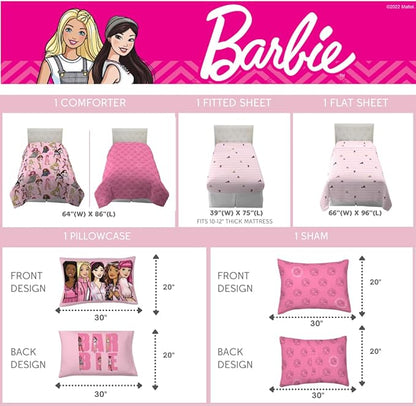 Franco Barbie Barbiecore Bedding Super Soft Comforter and Sheet Set with Sham, 5 Piece Twin Size, College Dorm Essentials (Official Licensed Product)