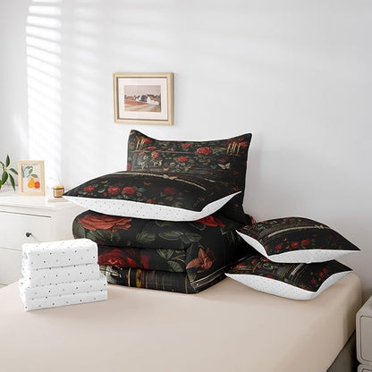 Erosebridal Vintage Piano Print Comforter Set Twin with Sheets,Girls Music Theme 7 Piece Bedding Set Musical Instruments Bedroom Decor,Butterfly Rose Flowers Bed in a Bag with Pillowcases & Shams