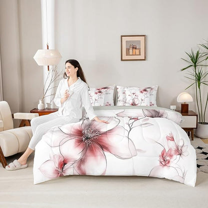 Erosebridal Bohemian Flower Twin 7 Pcs Bedding Set, Red Floral Comforter Set with Sheets for Women Adults Girls, Chic Watercolor Flower Boho Bed Sets, Ink Painting Style Blossom & Leaf Bed in A Bag