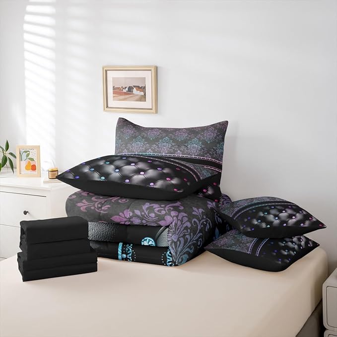 Rainbow Damask Twin Comforter Set with Sheets | Antique Decor Gothic Vintage Floral 7 Piece Bedding Set Luxury Gradient Diamond Texture Pattern Bohemian Bed in a Bag, Boho Baroque Room Decor